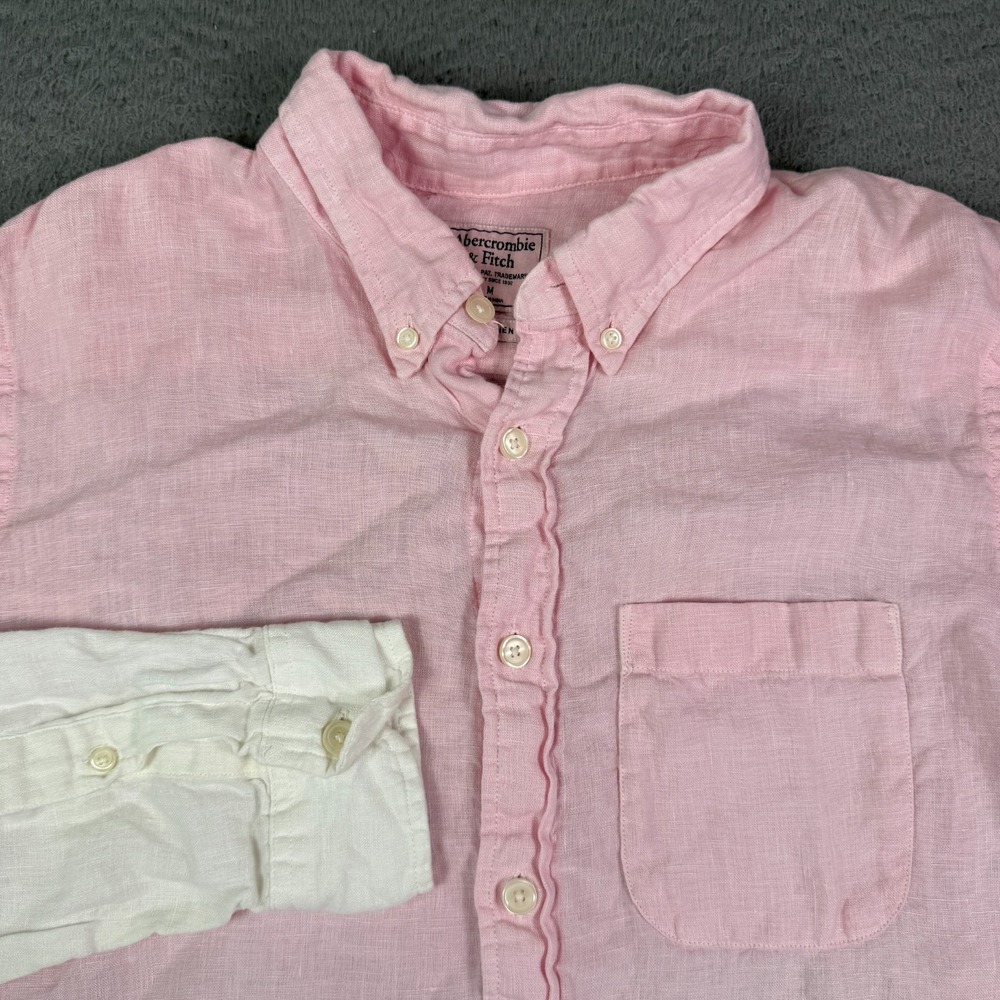 Abercrombie & Fitch Shirt Mens M Pink White 100% Linen Long Sleeve Ombre Summer